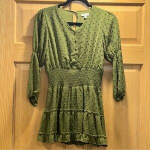 Chelsea Violet Big Girl Smocked Waist Clip Dot Mini Dress Longsleeve Olive Green